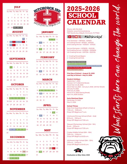 Hitchcock ISD 2025–2026 Academic Calendar Page 3