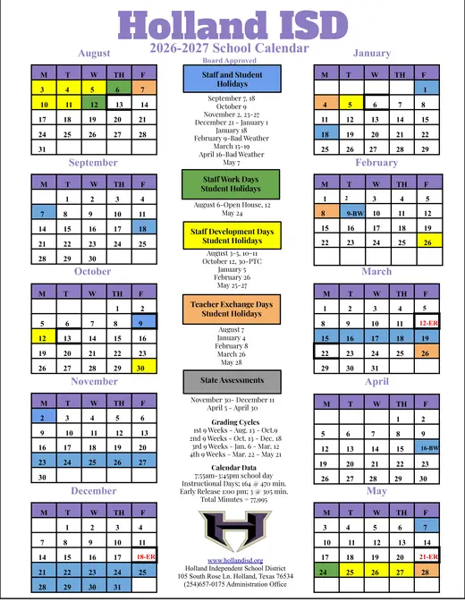 Holland ISD 2026–2027 Academic Calendar Page 1
