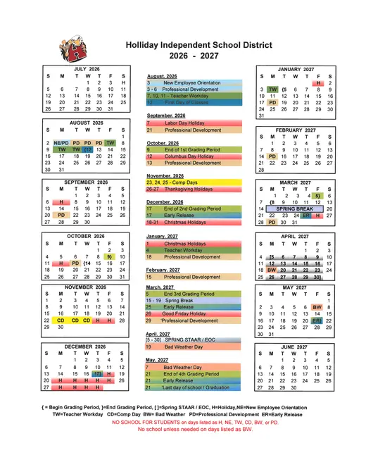 Holliday ISD 2026–2027 Academic Calendar Page 1