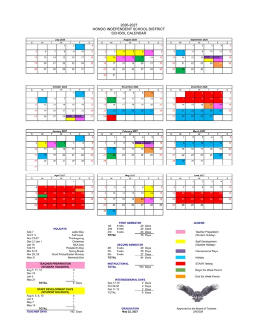Hondo Independent School District 2026–2027 Academic Calendar