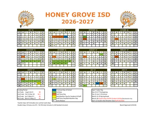 Honey Grove ISD 2026–2027 Academic Calendar Page 1