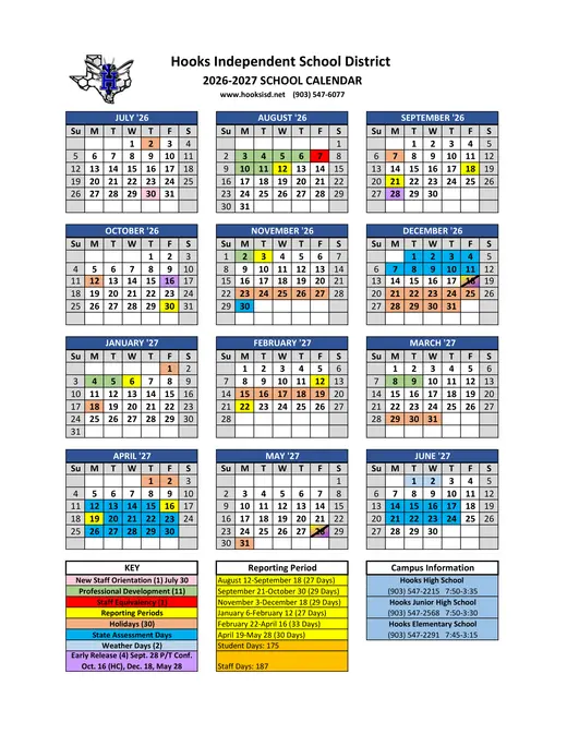 Hooks ISD 2026–2027 Academic Calendar Page 1