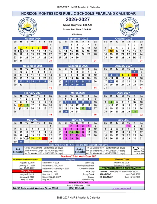 Horizon Montessori Public Schools-Pearland 2026–2027 Academic Calendar