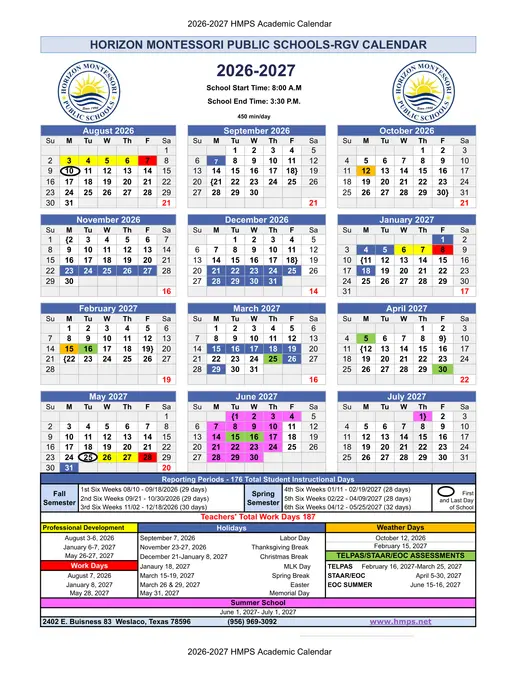 Horizon Montessori Public Schools-RGV 2026–2027 Academic Calendar