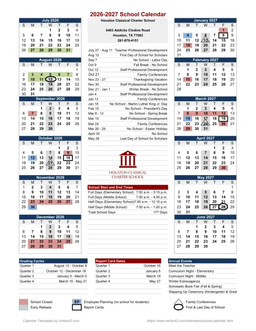 Houston Classical Charter School 2026–2027 Academic Calendar Page 1