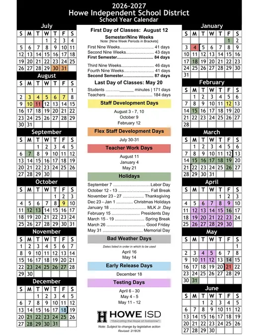 Howe Independent School District 2026–2027 Academic Calendar