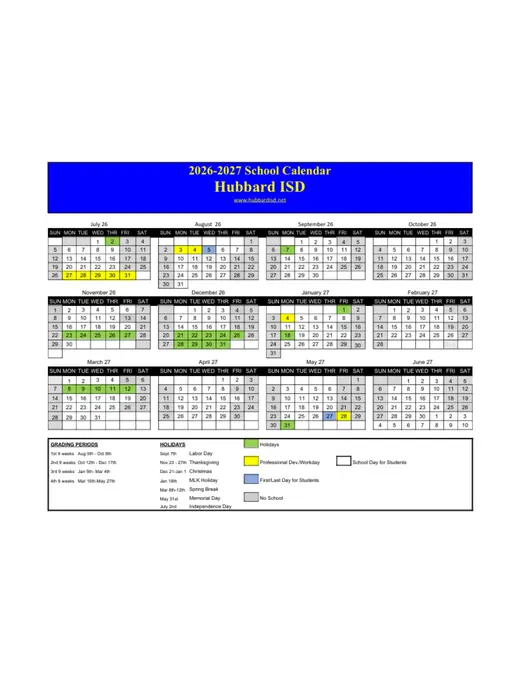 Hubbard ISD 2026–2027 Academic Calendar Page 1