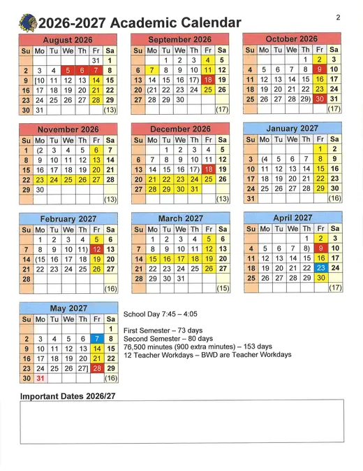 Huckabay ISD 2026–2027 Academic Calendar Page 1