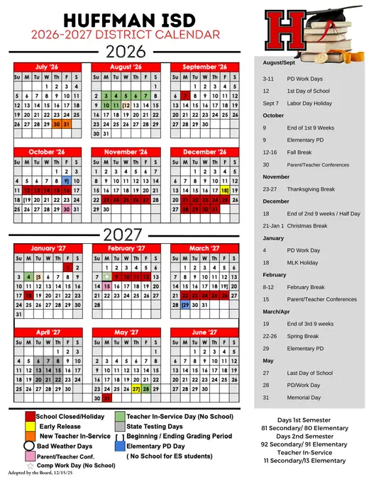 Huffman ISD 2026–2027 Academic Calendar