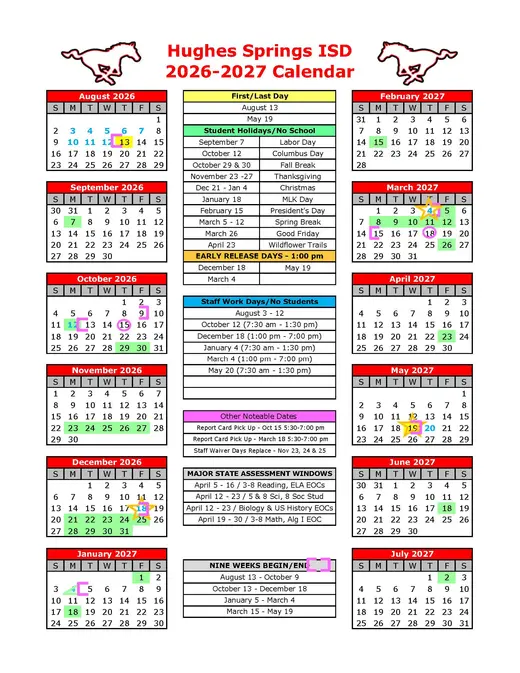 Hughes Springs ISD 2026–2027 Academic Calendar Page 1