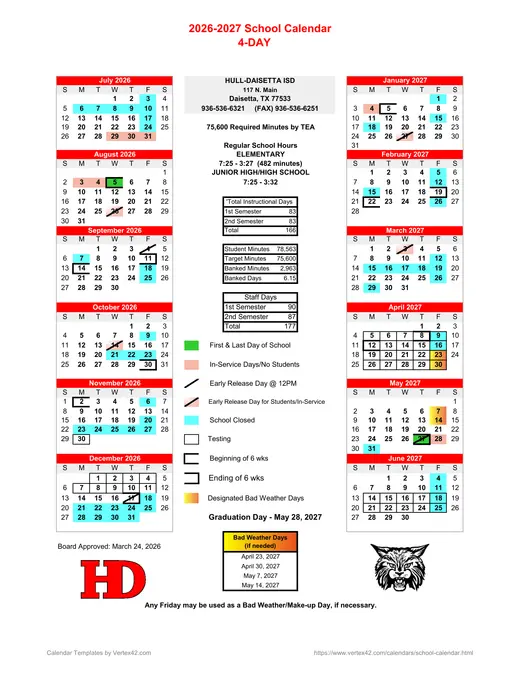 Hull-Daisetta ISD 2026–2027 Academic Calendar Page 1