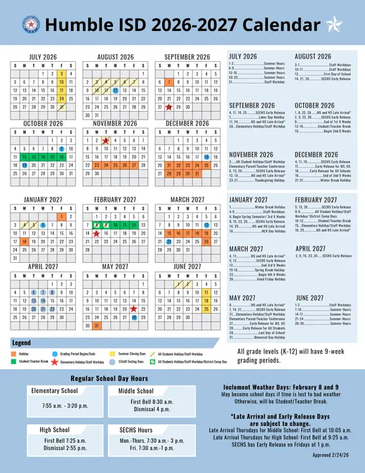 Humble ISD 2026–2027 Academic Calendar