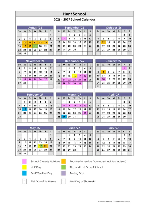 Hunt ISD 2026–2027 Academic Calendar Page 1