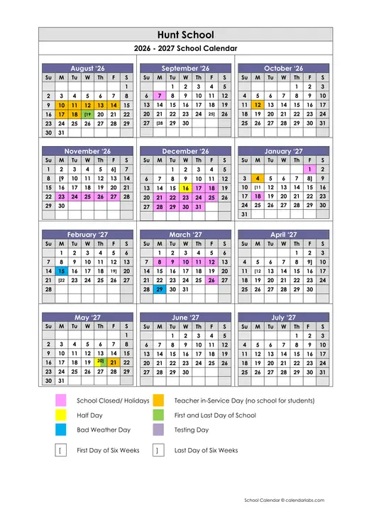 Hunt School 2026–2027 Academic Calendar Page 1