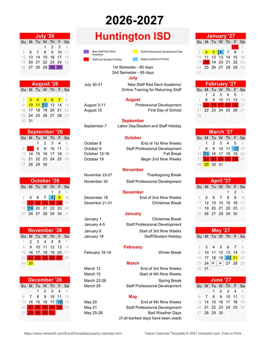 Huntington ISD 2026–2027 Academic Calendar
