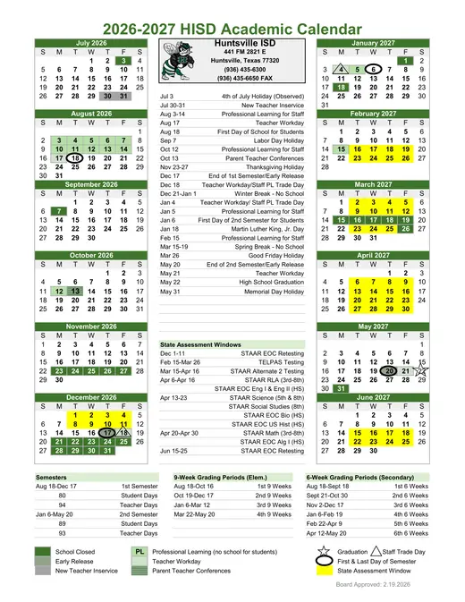 Huntsville ISD 2026–2027 Academic Calendar