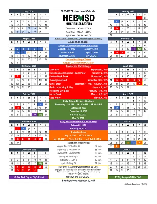 Hurst-Euless-Bedford ISD 2026–2027 Academic Calendar