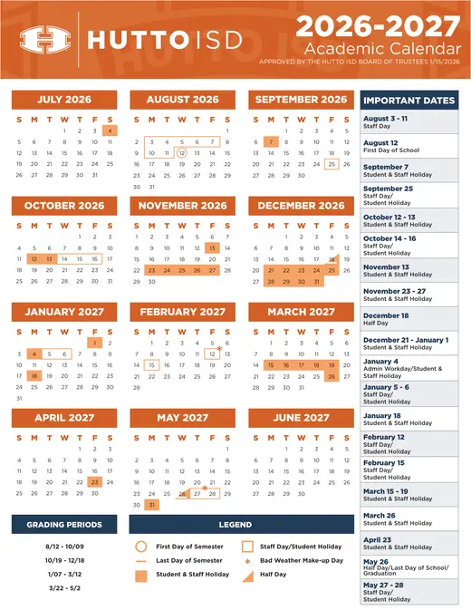 Hutto ISD 2025–2026 Academic Calendar Page 1
