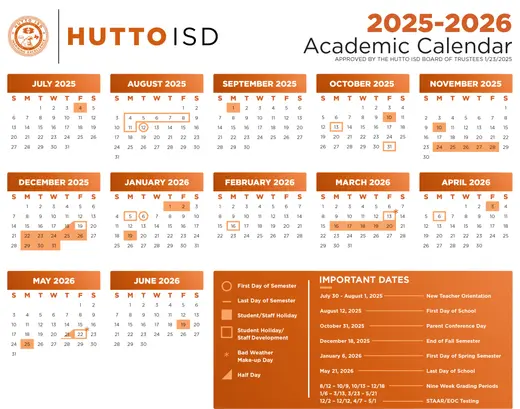 Hutto ISD 2025–2026 Academic Calendar Page 2