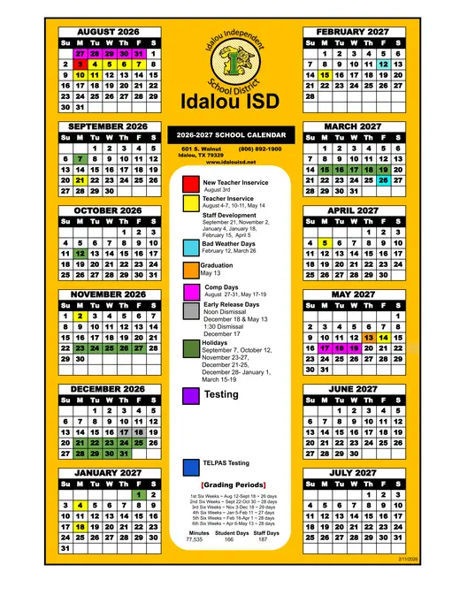Idalou ISD 2026–2027 Academic Calendar Page 1