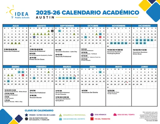 IDEA Public Schools Austin 2025–2026 Academic Calendar Page 1