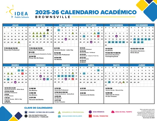 IDEA Public Schools Brownsville 2025–2026 Academic Calendar Page 1