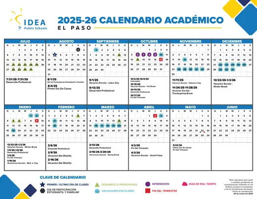 IDEA Public Schools El Paso 2025–2026 Academic Calendar Page 1