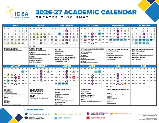 IDEA Public Schools Greater Cincinnati 2026–2027 Academic Calendar Page 1