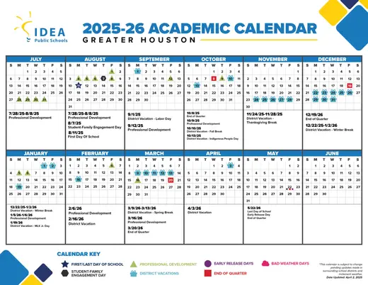 IDEA Public Schools Greater Houston 2025–2026 Academic Calendar Page 1