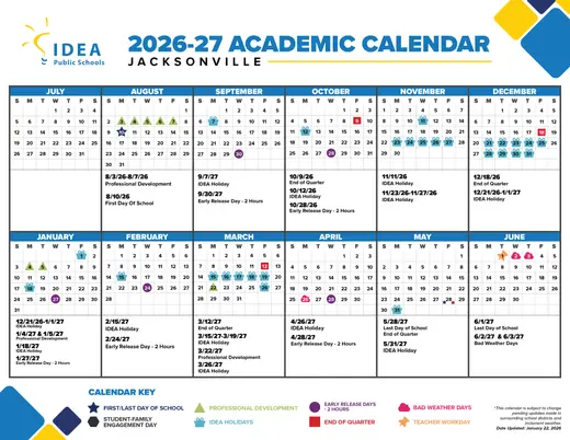 IDEA Public Schools Jacksonville 2026–2027 Academic Calendar Page 1