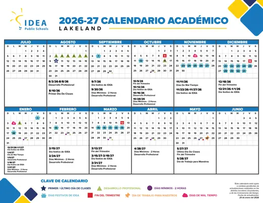 IDEA Public Schools Lakeland 2026–2027 Academic Calendar Page 2