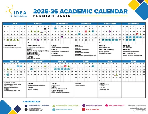 IDEA Public Schools Permian Basin 2025–2026 Academic Calendar Page 1
