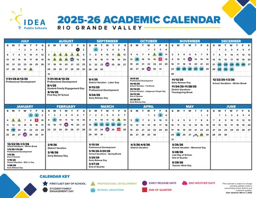 IDEA Public Schools Rio Grande Valley 2025–2026 Academic Calendar Page 1