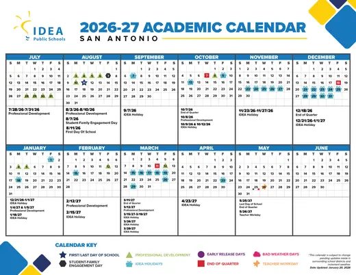 IDEA Public Schools San Antonio 2026–2027 Academic Calendar Page 1