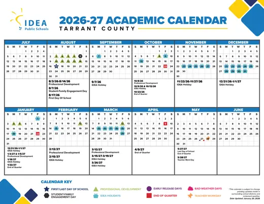 IDEA Public Schools Tarrant County 2026–2027 Academic Calendar Page 1