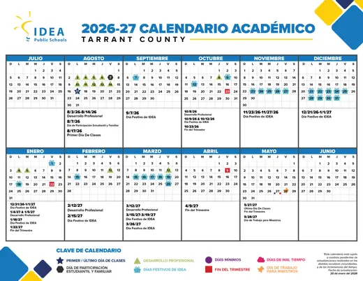 IDEA Public Schools Tarrant County 2026–2027 Academic Calendar Page 2