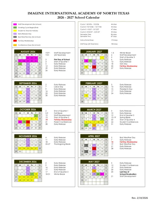 Imagine International Academy of North Texas 2026–2027 Academic Calendar Page 1