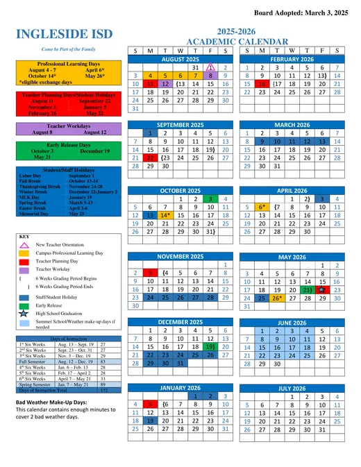 Ingleside ISD 2026–2027 Academic Calendar Page 1