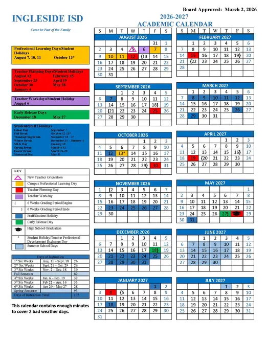 Ingleside ISD 2026–2027 Academic Calendar Page 2