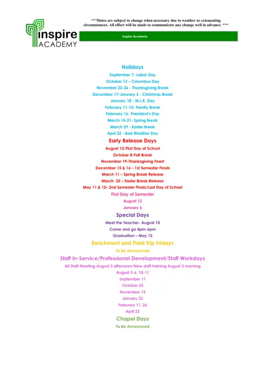 Inspire Academies 2026–2027 Academic Calendar Page 1
