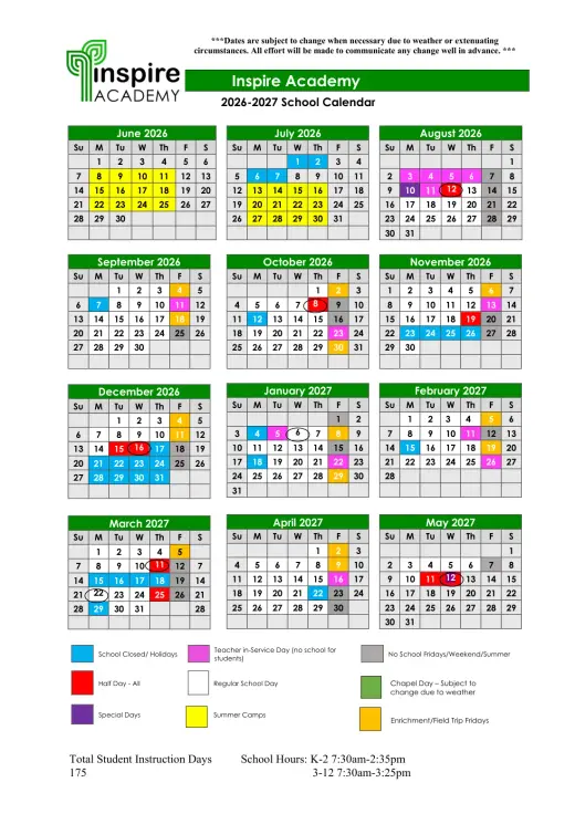 Inspire Academies 2026–2027 Academic Calendar Page 2