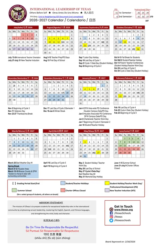 International Leadership of Texas 2026–2027 Academic Calendar