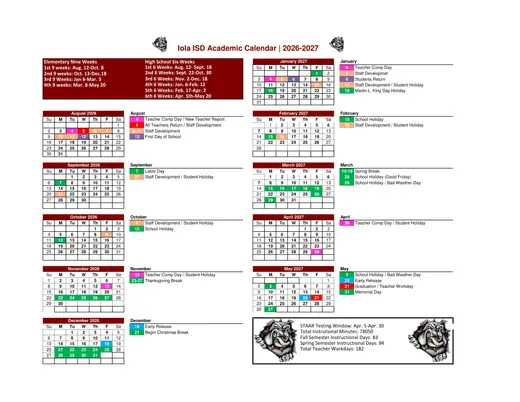 Iola ISD 2026–2027 Academic Calendar Page 1