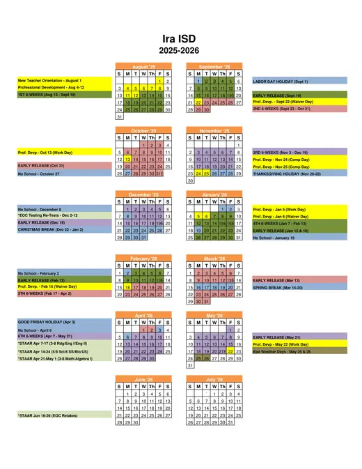 Ira ISD 2025–2026 Academic Calendar Page 1