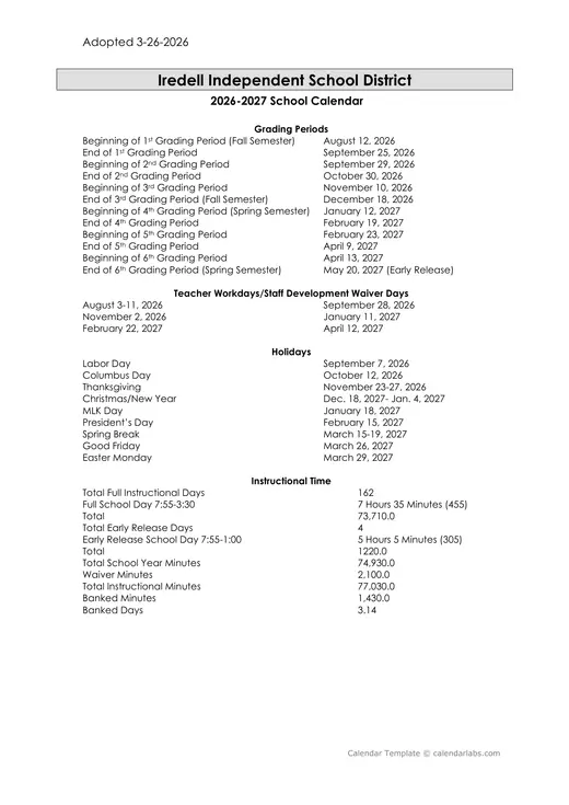 Iredell ISD 2026–2027 Academic Calendar Page 2