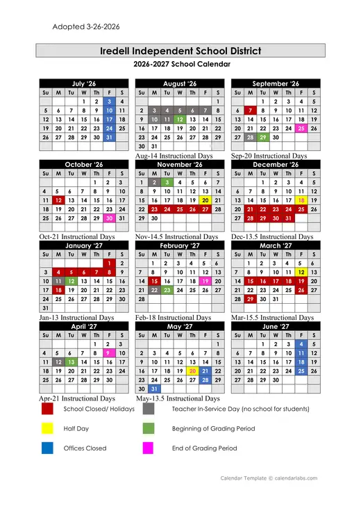 Iredell ISD 2026–2027 Academic Calendar Page 1
