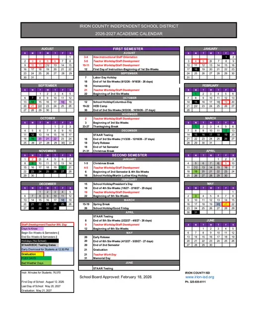 Irion County ISD 2026–2027 Academic Calendar Page 1