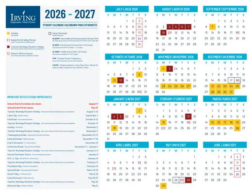 Irving Independent School District 2026–2027 Academic Calendar Page 1