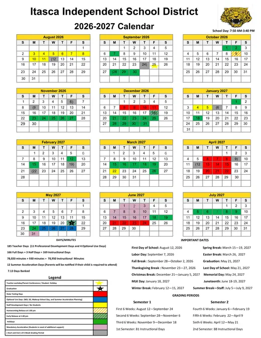 Itasca ISD 2026–2027 Academic Calendar Page 1