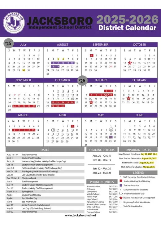 Jacksboro ISD 2025–2026 Academic Calendar Page 1